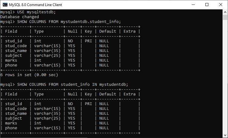 MySQL 显示表格信息