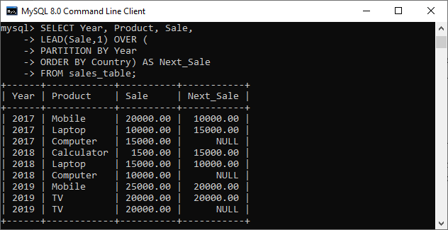 MySQL LEAD 和 LAG 函数