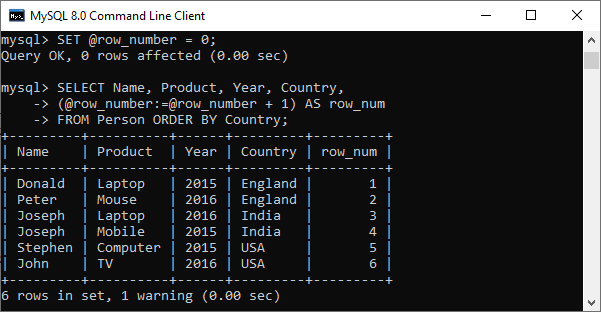 MySQL ROW_NUMBER 函数