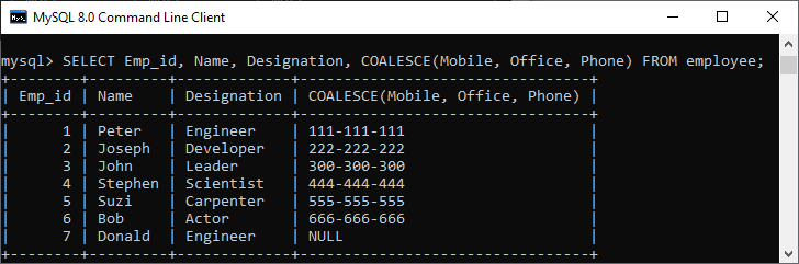 MySQL COALESCE函数