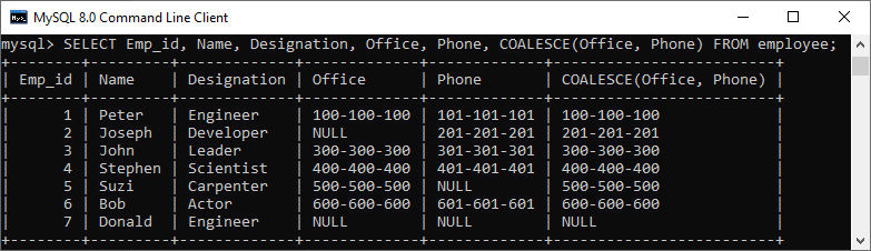 MySQL COALESCE函数