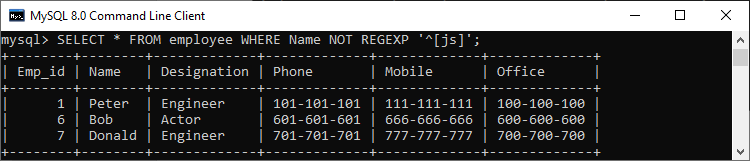 MySQL NOT REGEXP 运算符