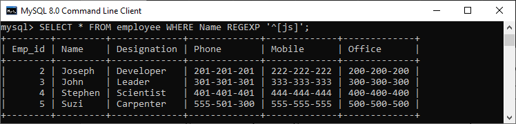 MySQL REGEXP运算符