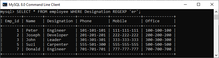 MySQL REGEXP运算符