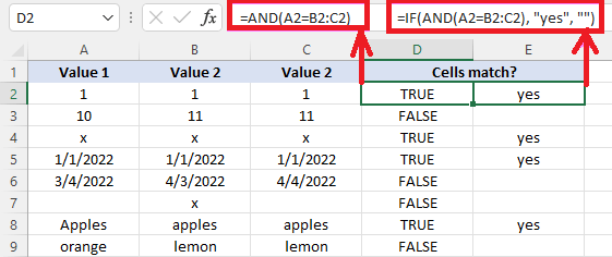 Microsoft Excel：if match公式用于检查两个或多个单元格是否相等