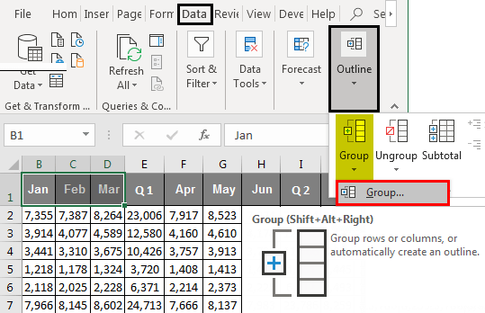 如何在Microsoft Excel中对列进行分组