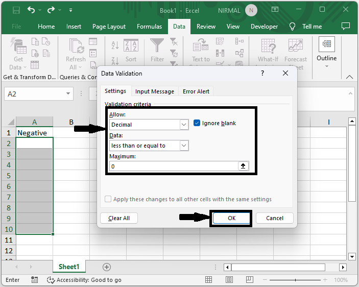 如何在Excel中只允许负数？