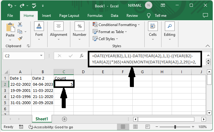 如何在Excel中计算两个日期之间的闰年数量？