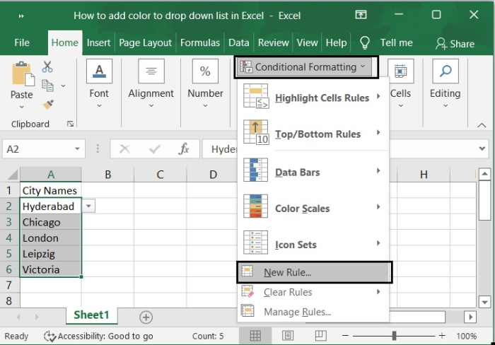 如何在Excel中给下拉列表添加颜色