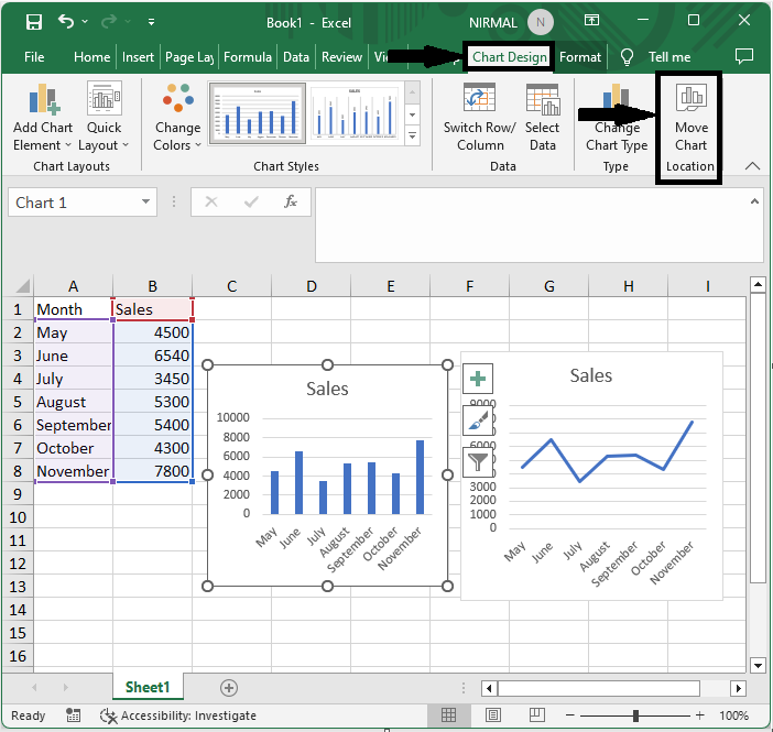Excel 如何将特定图表移动到新工作表