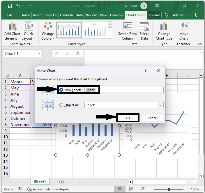 Excel 如何将特定图表移动到新工作表
