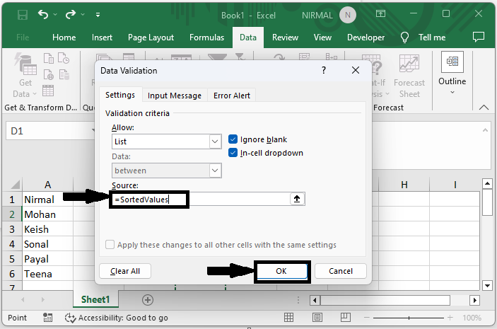 Excel 如何按字母顺序创建动态下拉列表