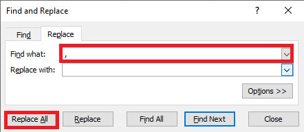 Excel 如何删除所有逗号