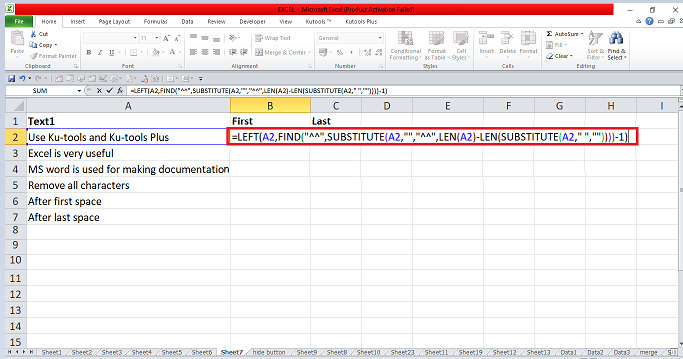 Excel 如何从单元格中删除第一个/最后一个空格后的所有字符