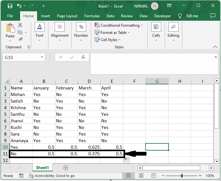 Excel 如何从“是”和“否”单元格创建条状图