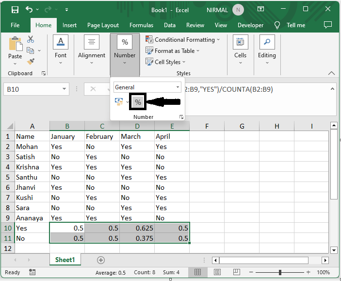 Excel 如何从“是”和“否”单元格创建条状图