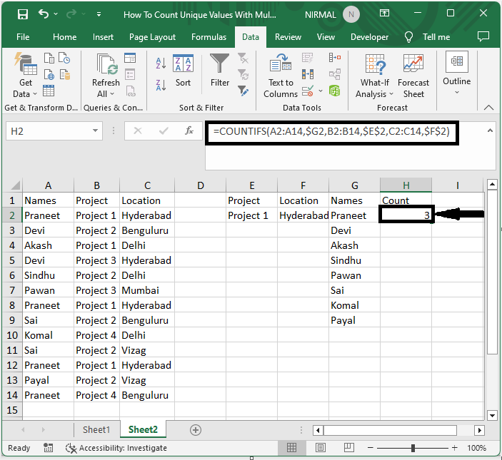 Excel 如何使用多个条件计算唯一值
