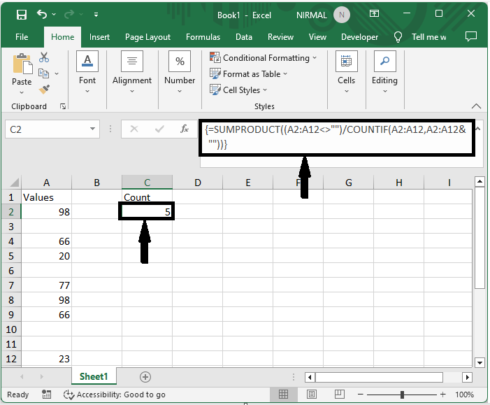 Excel 如何在列中计算带有空白的唯一值