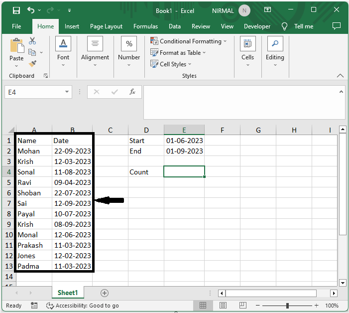 Excel 如何计算两个日期之间的唯一值
