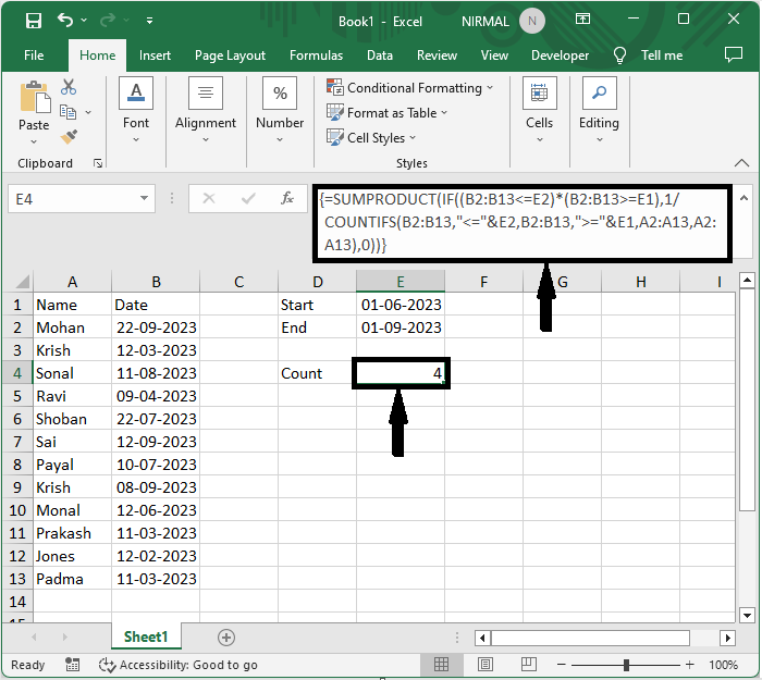 Excel 如何计算两个日期之间的唯一值