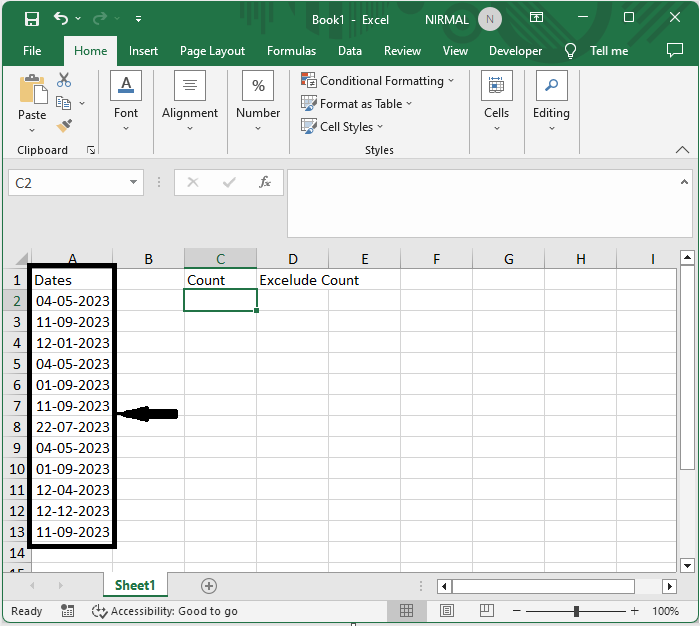 Excel 如何在列中计算唯一/重复日期