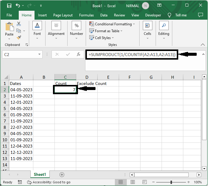 Excel 如何在列中计算唯一/重复日期