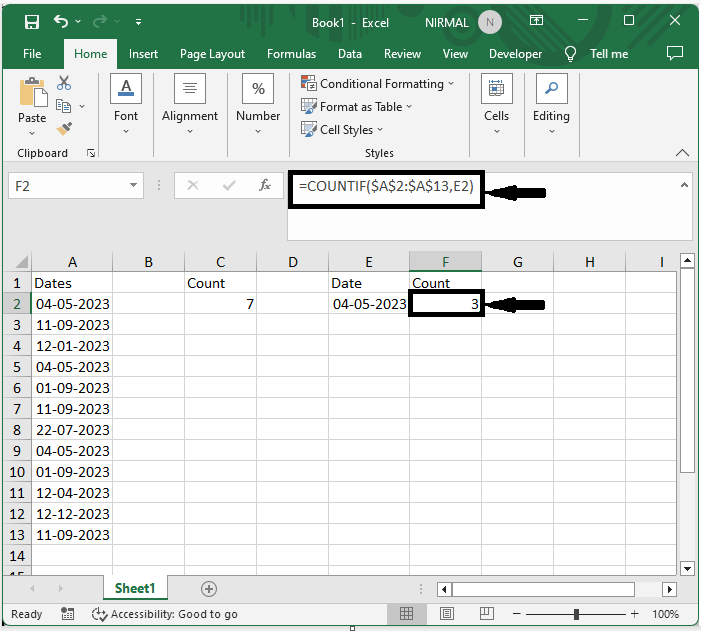 Excel 如何在列中计算唯一/重复日期