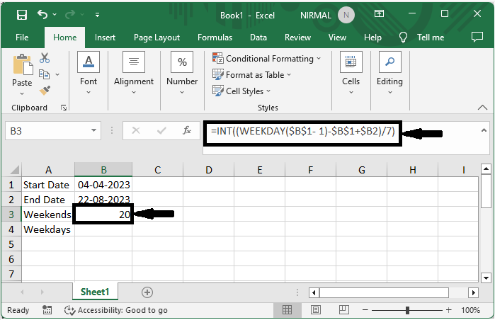 Excel 如何计算两个日期之间的周末/工作日数量