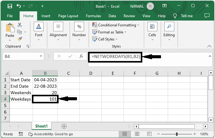 Excel 如何计算两个日期之间的周末/工作日数量