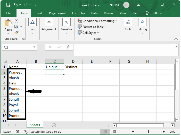 Excel 如何从一列列表中计算唯一和不同值的数量