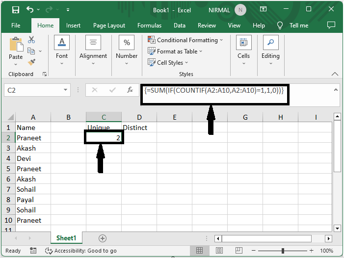 Excel 如何从一列列表中计算唯一和不同值的数量