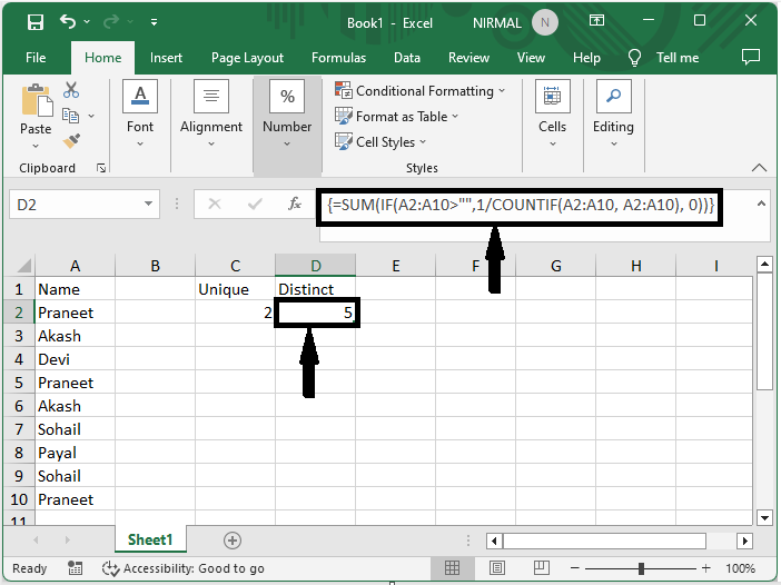 Excel 如何从一列列表中计算唯一和不同值的数量