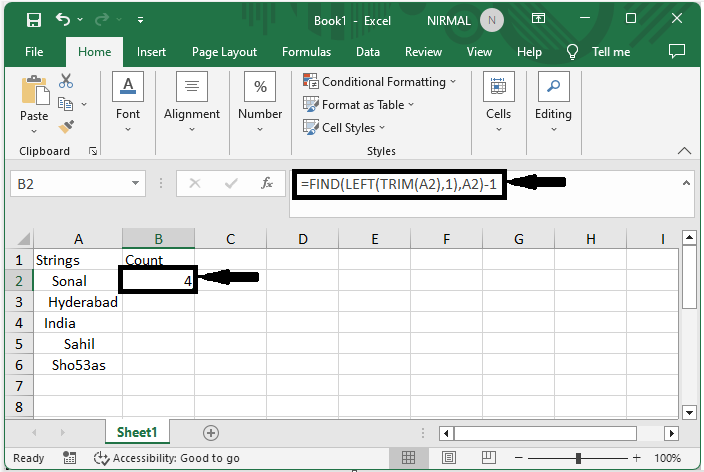 Excel 如何在单元格中计算文本字符串前的空格数量