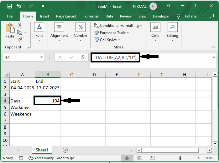 Excel 如何计算两个日期之间的天数、工作日和周末天数