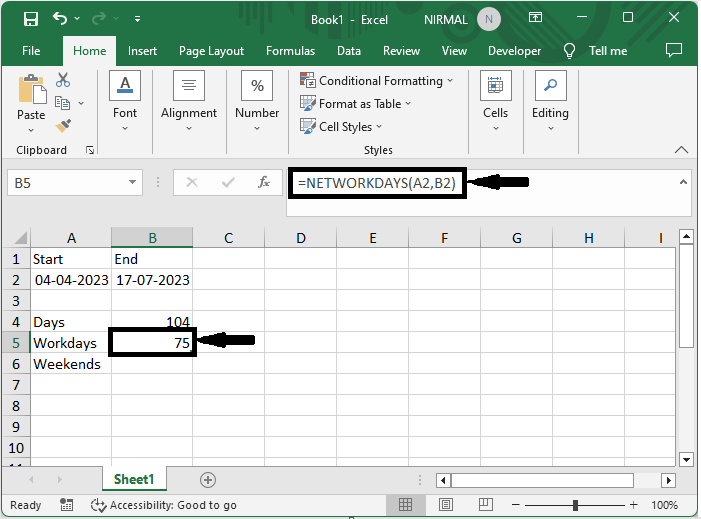 Excel 如何计算两个日期之间的天数、工作日和周末天数