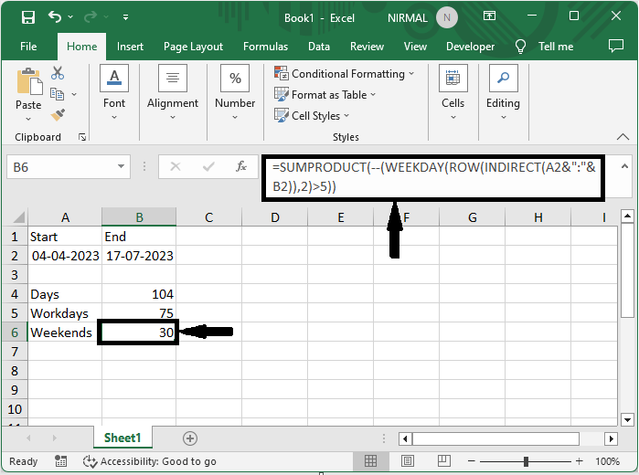 Excel 如何计算两个日期之间的天数、工作日和周末天数