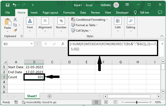 Excel 如何计算除星期日/周末外的天数