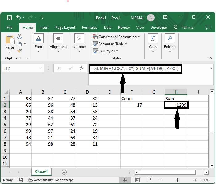 Excel 如何计算/汇总大于但小于某个数的单元格