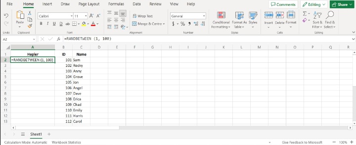 Excel 如何插入两个数字之间的随机整数且不重复