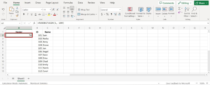 Excel 如何插入两个数字之间的随机整数且不重复