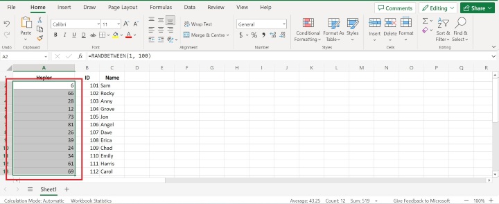 Excel 如何插入两个数字之间的随机整数且不重复