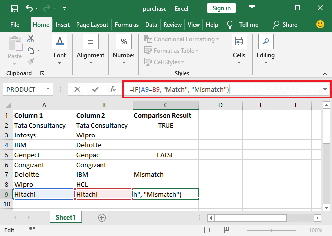 Excel 如何比较两列数据