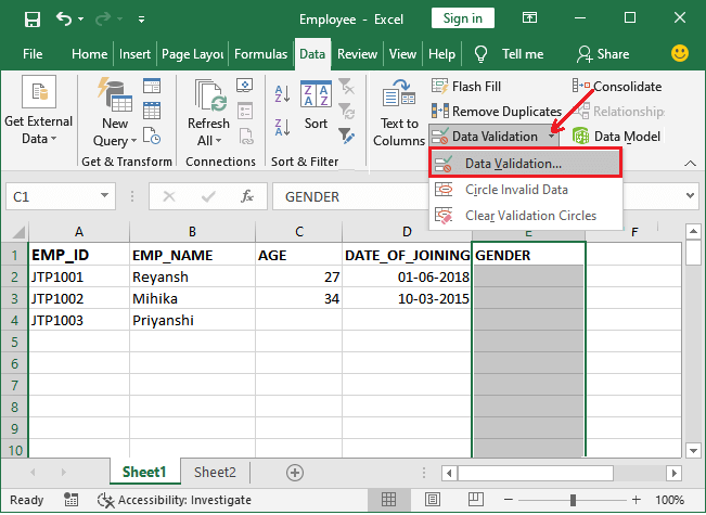 Excel 应用数据验证