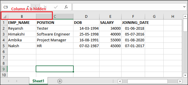 Excel 如何取消隐藏列