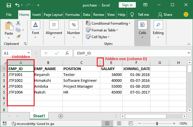 Excel 如何取消隐藏列