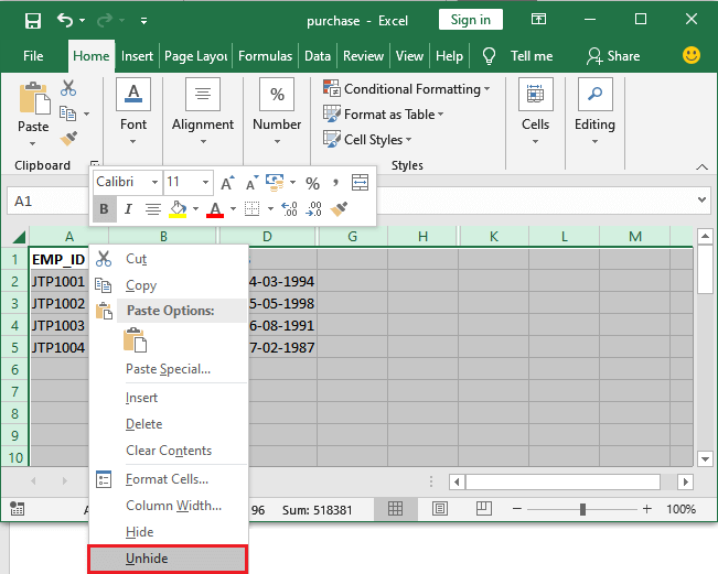 Excel 如何取消隐藏列