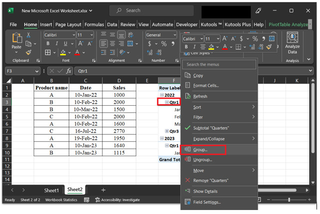 Excel 如何在数据透视表中按月、年、半年或其他特定日期进行分组