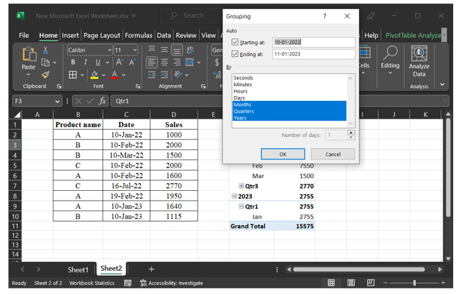 Excel 如何在数据透视表中按月、年、半年或其他特定日期进行分组