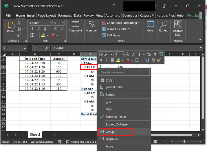 Excel 如何在数据透视表中按小时分组