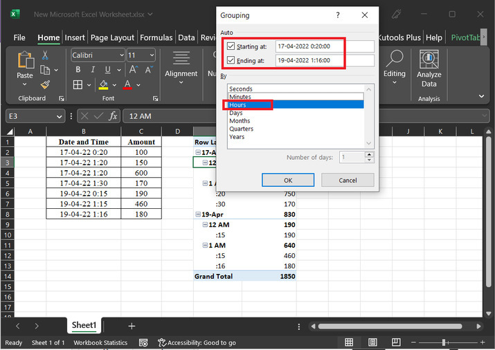 Excel 如何在数据透视表中按小时分组